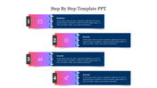 Step by step process layout with four linked rectangular sections in blue and gradient pink purple, numbered and icon.