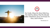 Mountain landscape with a person enjoying sunrise, accompanied by text and a prayer-themed symbol with Thessalonians.