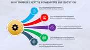 Creative template featuring a gear icon linked to colorful circles with icons symbolizing time and progress.