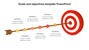 An arrow moving toward a red and white target, with six labeled options along its path representing goal milestones.