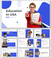 PowerPoint slides on education in the USA featuring a smiling student with music sheets, surrounded by educational graphics.