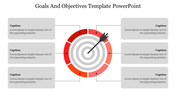 Target infographic with red gradient rings, a dart hitting the center, and six gray text boxes for goals and objectives.