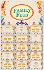 Family feud game slides with multiple choice questions framed by vibrant musical elements, on a beige background.