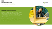 Slide featuring a circular image of a smiling man with a laptop, green background, and placeholder text areas.