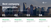 Company slide with a high rise city background, featuring four numbered milestones, and green titles at the bottom.