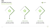 Business model slide featuring three diamond shaped icons with green highlights, and placeholder text on a white background.