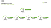 Team slide with five circular placeholders for profile images and green name tags, on a clean white background.