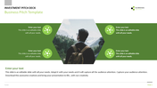Business pitch slide with a person facing the mountains, three green hexagonal placeholders with text captions.