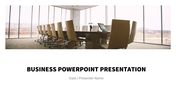 Business slide featuring a modern conference room image with large windows and text below.