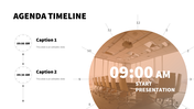 An agenda timeline slide showcasing a meeting room, with time markers indicating the start of a presentation at 09:00 AM.