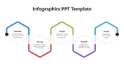 Infographics PPT template featuring five color hexagonal elements representing business, process, target, growth, and profit.