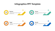Infographic featuing four geometric design with arrows in yellow, green, orange, and blue, each with a circular icon.