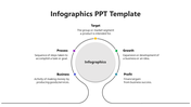 Circular infographic design with four dots in blue, purple, orange, teal, and green, each describing a business related term.
