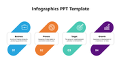 Infographic with four colorful diagonal segments labeled 01 to 04, featuring icons and titles like Business and Growth.