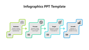 Four step infographic in green, teal, turquoise, and blue, each explaining business terms with corresponding icons.