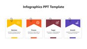 Four vertical infographic cards with clip icons, colorful headers, and labels for business, process, target, and growth.