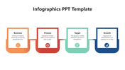 Infographic template with four connected boxes in orange, red, teal, and blue, representing business stages with icons.