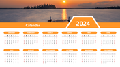 2024 calendar template with twelve orange labeled months below a lake sunset image and bold calendar header section.