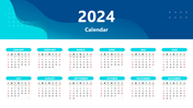 Minimalist 2024 calendar featuring monthly grids with highlighted weekends and a modern blue gradient design.