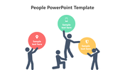Silhouettes of people lifting circular icons with symbols like location, mobile, and shield, showing collaborative effort.