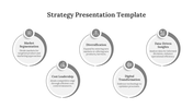 Gray themed strategy presentation template with five circular elements highlighting key business strategies with icons.