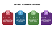 Template with four rectangular sections in red, blue, green, and purple, each detailing a different strategy.