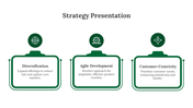 Business strategy PPT template featuring three key focus areas with icons and structured descriptions in a green theme.