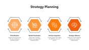 Strategy PPT slide with four orange hexagonal elements each featuring an icon and description on a white backdrop.