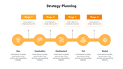 A strategic planning diagram featuring four steps, each represented by an icon and placeholder text areas.
