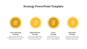 Strategy template with four yellow circles, each containing an icon and labeled with a strategy and description beneath.