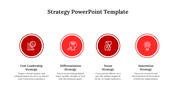 Strategy slide with four red circular icons in a row, each with a bold white graphic and caption below on a white background.