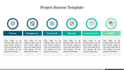 Six circular icons in shades of blue and green, each labeled with project success categories, each with text box below.
