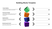 Building blocks infographic with four tilted cubes in green, orange, blue, and purple, representing project phases.