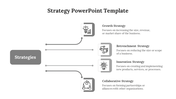 Minimalist strategy PowerPoint template showcasing four key business strategies with grey icons and descriptions.