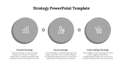 Horizontal layout of three raised gray circles with business-related icons and bold strategy titles below.
