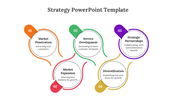 Strategy slide featuring five numbered circles, each with colorful curved lines in orange, red, green, yellow, and purple, 