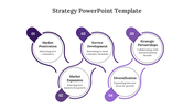 Wavy timeline layout with five white circular sections in purple accents, each labeled with a business growth strategy.