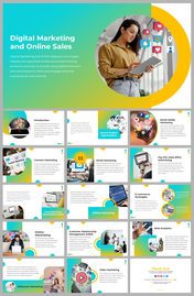 Modern slide deck with gradient backgrounds, circular elements, and images showcasing digital marketing topics.