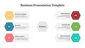 Color coded business PPT slide with hexagon shaped labels outlining the essential components of a business plan.