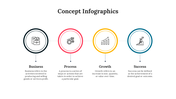 Four concept icons in rings with thin connectors, labeled Business, Process, Growth, and Success, arranged left to right.