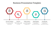 Business slide featuring a colored hexagonal layout with five key elements with icons and text description.