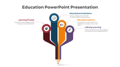 Education slide with a central pencil design branching into colorful sections in red, blue, orange, and purple.