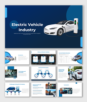 PowerPoint slide deck on electric vehicles, featuring topics like innovation, industry challenges, and future trends.