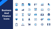 Business And Finance Icons in blue tones showing charts, money, teams, reports, and planning symbols.