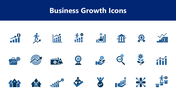 Business Growth Icons with blue charts, arrows, money, and success symbols on white background for presentations.
