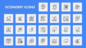 Economy Icons slide with 25 line icons of finance, banking, growth, data, and planning on a blue and gray background.
