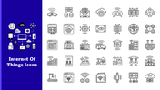 IoT Icons with cloud, devices, servers, cars, homes, smart tech in line style, blue text panel, white layout.