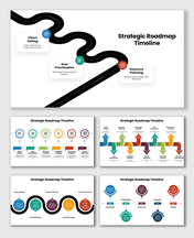 Strategic Roadmap Timeline with a curved road, colorful milestones for vision, goals, resources, execution, and review.