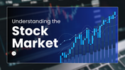 Stock market PPT template explaining trading basics, market participants, share types, indicators, risks, and tips.