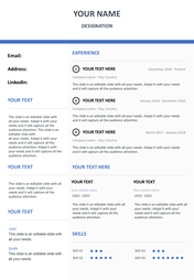 Professional resume slide with blue accents, structured into sections for contact details, experience, education, and skills.